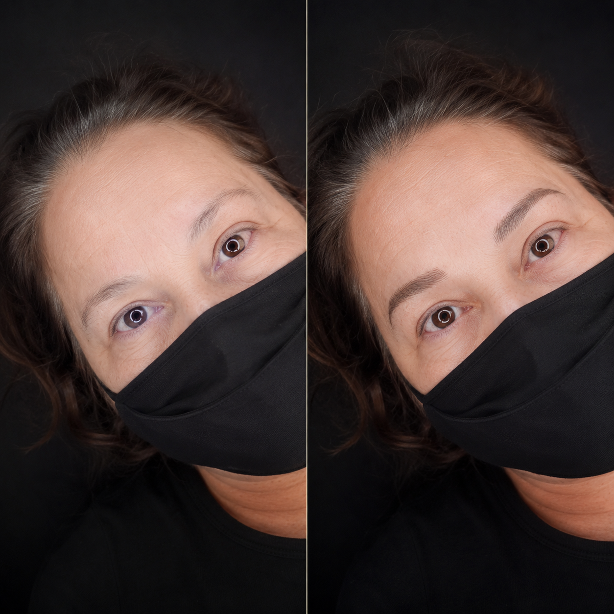 Antes e depois de uma cliente da Fabiana Alves após reabilitação completa de sobrancelha